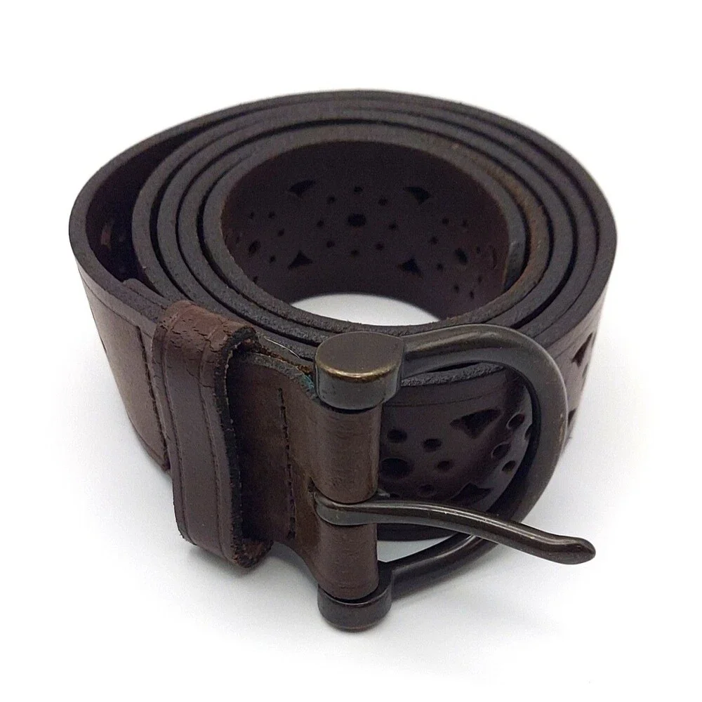 Vintage Leather Belt, Made in USA, Brown Cutout, Western Boho Belt, Womens Med